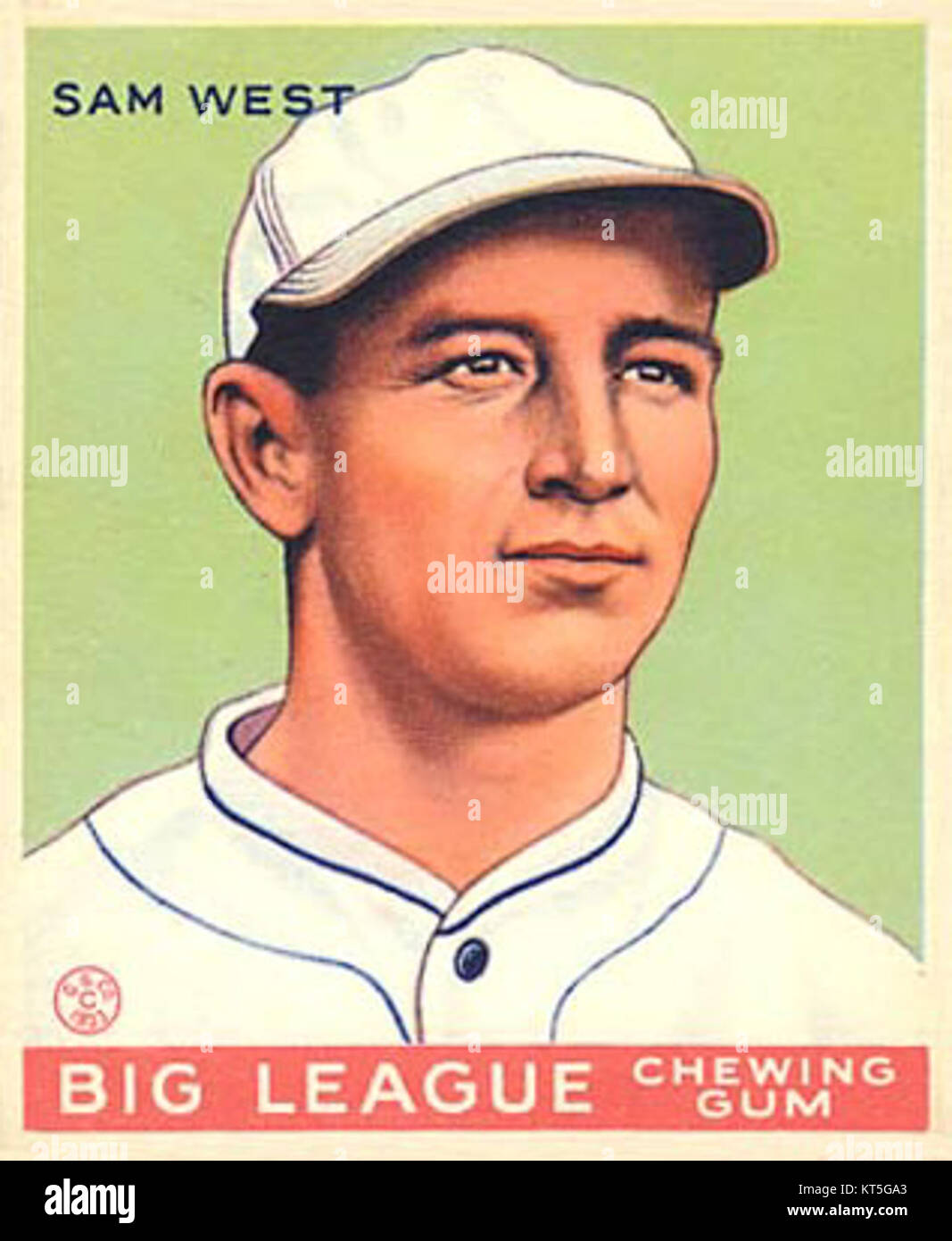 Diese sammelbare Sam West Goudey-Karte zeigt ein historisches Bild von Sam West, einer bemerkenswerten Figur aus der Geschichte des frühen 20. Jahrhunderts. Die Karte ist Teil einer Serie, in der prominente Persönlichkeiten und Ereignisse der Epoche hervorgehoben werden. Stockfoto