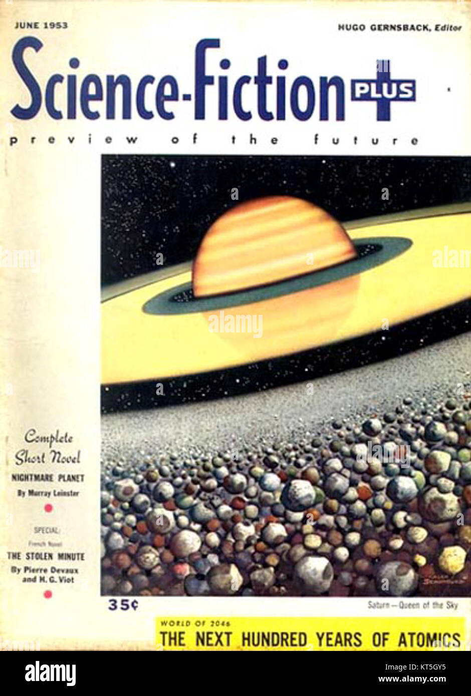 Eine Publikation mit dem Titel Science Fiction Plus vom Juni 1953, die die Entwicklung der Science-Fiction-Literatur und ihren kulturellen Einfluss in den 1950er Jahren zeigt Stockfoto