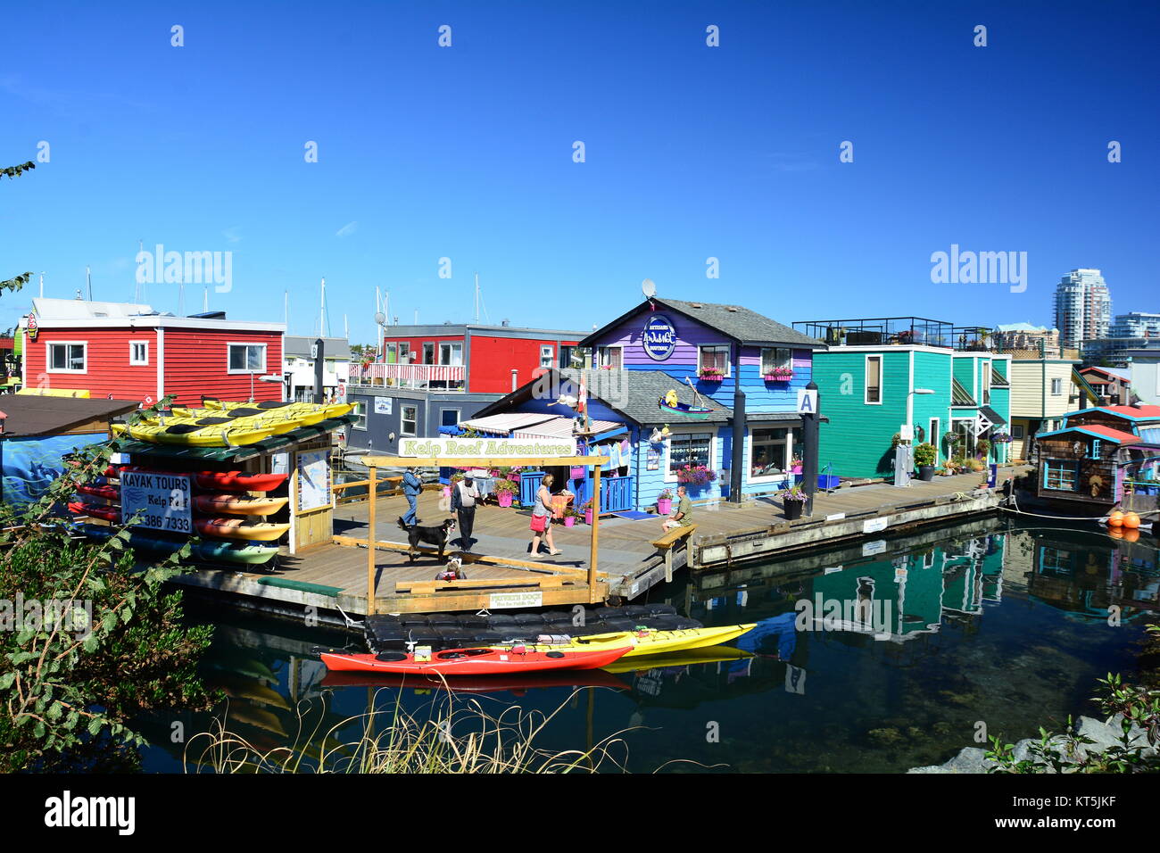 Farbenfrohe Gebäude am Fisherman's Wharf in Victoria, BC, Kanada. Stockfoto