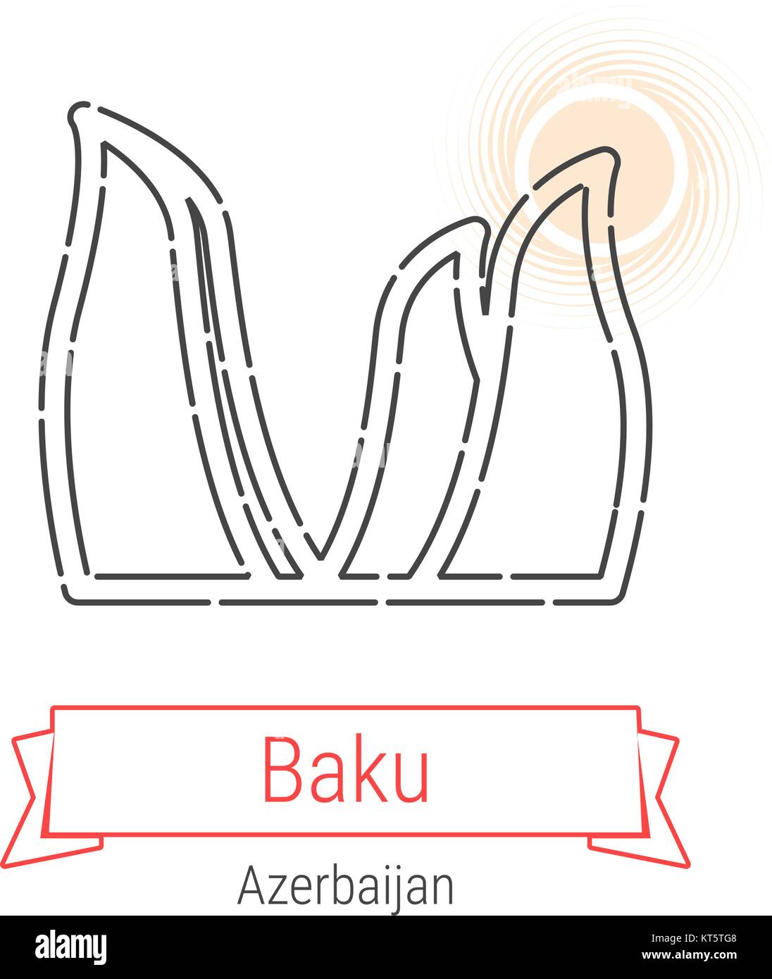 Baku, Aserbaidschan Vektorlinie Symbol mit rotem Band isoliert auf Weiss. Baku Wahrzeichen - Emblem - Drucken - Label - Symbol. Baku Flamme Türme Piktogramm Stock Vektor