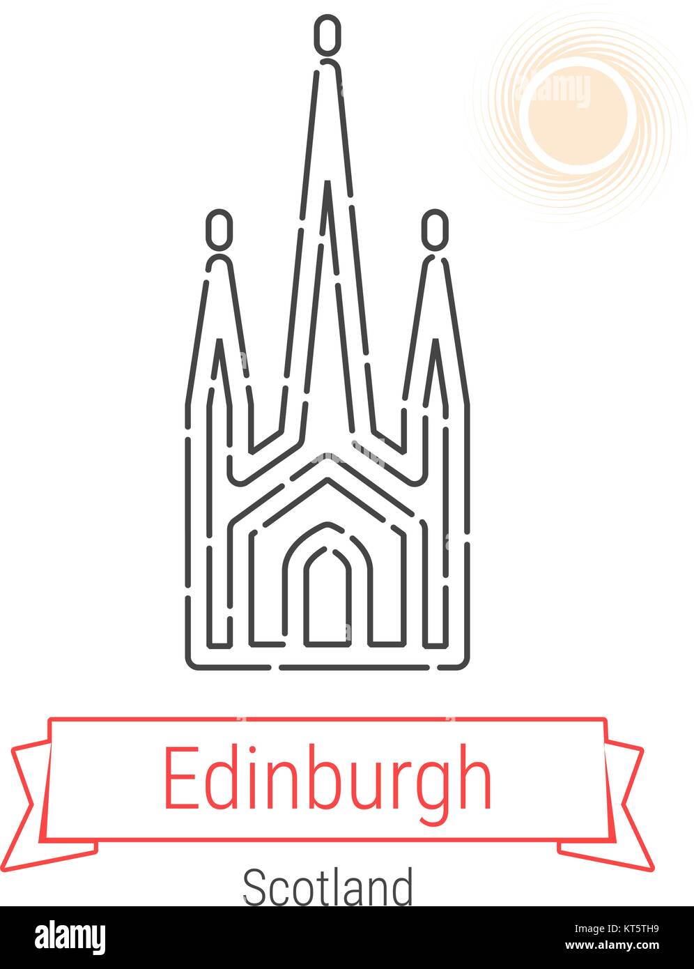 Edinburgh, Schottland Vektorlinie Symbol mit rotem Band isoliert auf Weiss. Edinburgh Wahrzeichen - Emblem - Drucken - Label - Symbol. Edinburgh Scott Monument Stock Vektor