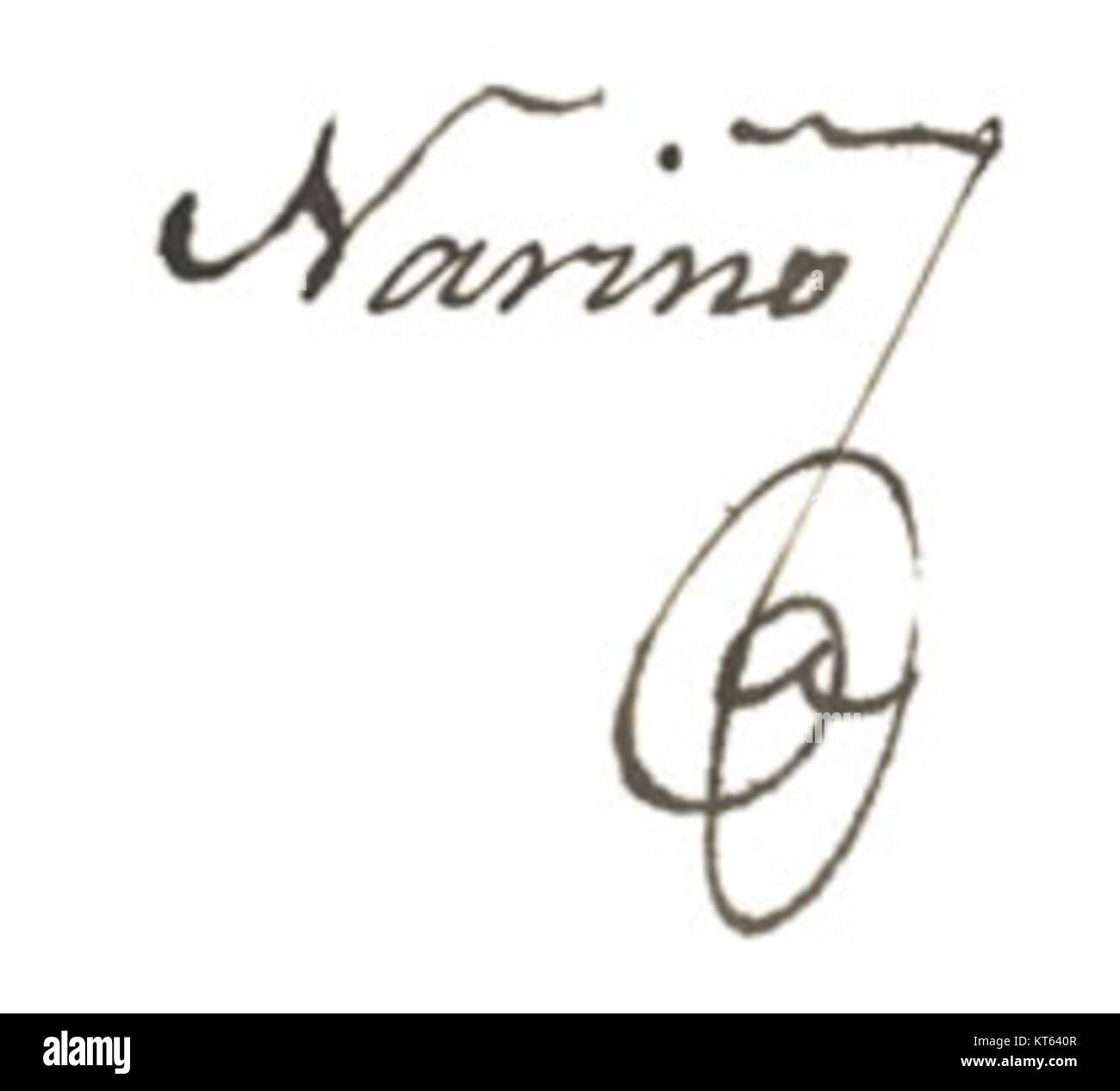 Antonio Nariño, ein prominenter Vertreter der südamerikanischen Unabhängigkeit, unterzeichnete mehrere historische Dokumente im frühen 19. Jahrhundert. Seine Unterschrift ist ein bedeutender Beitrag zur kolumbianischen Unabhängigkeitsbewegung. Stockfoto