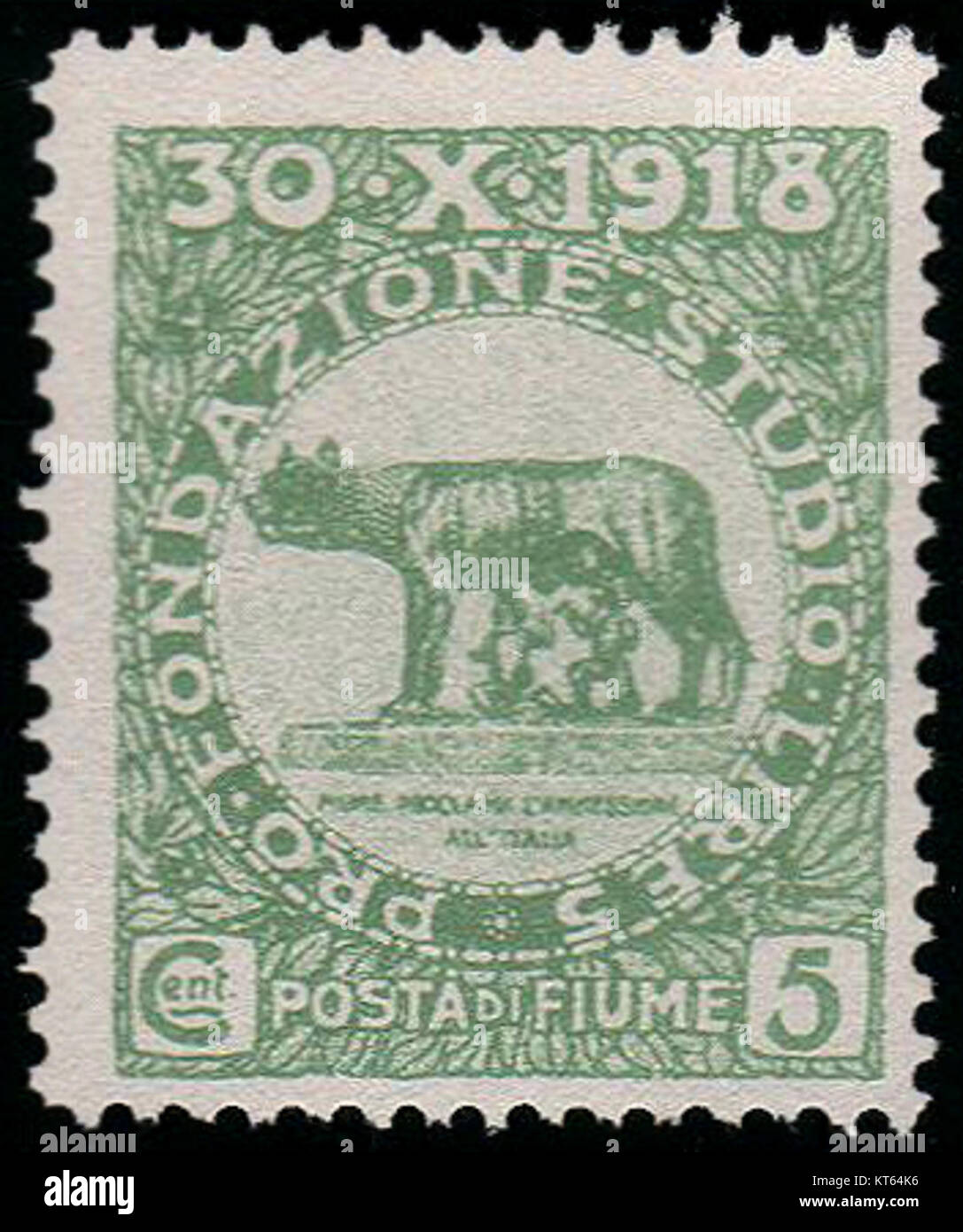 Diese Marke mit dem Titel Fiume 1919 Michel 50 wurde im Zusammenhang mit der Fiume-Krise ausgegeben. Sie spiegelt die politischen und historischen Ereignisse rund um das Gebiet von Fiume im Jahr 1919 wider, einem Schlüsselmoment in Europa nach dem Ersten Weltkrieg. Stockfoto