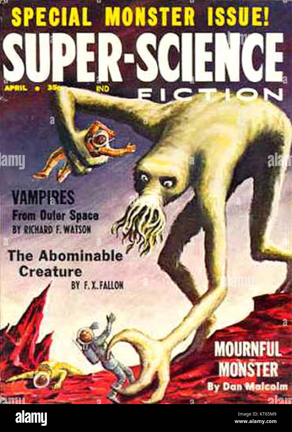 Titelbild der Ausgabe 1959 des Magazins „Super Science Fiction“ mit einer klassischen Science-Fiction-Illustration, die das Wesen des Genres während dieser Ära erfasst. Stockfoto