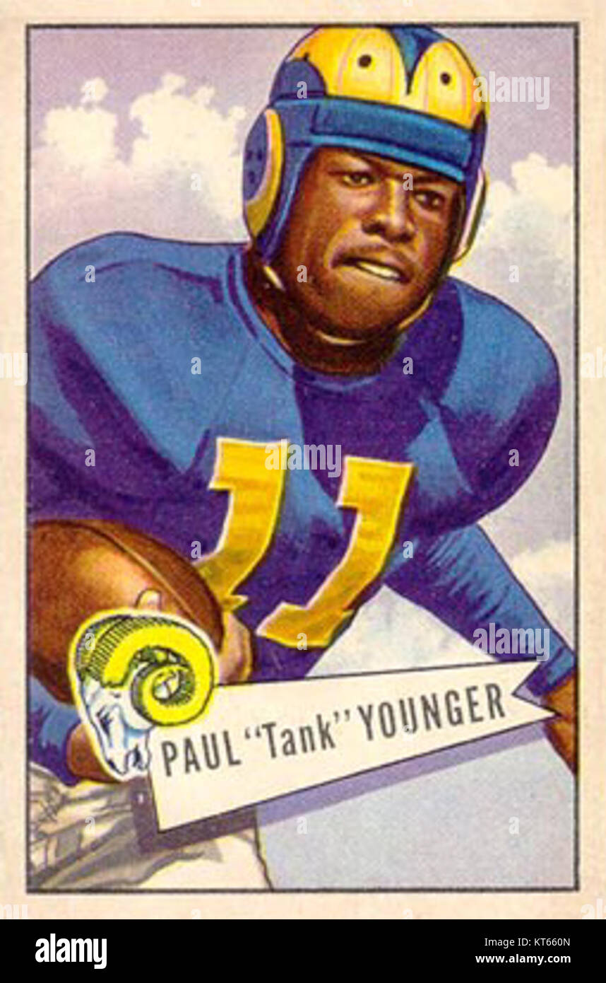 Tank Younger, der 1952 im Bowman Large Set zu sehen war, war ein bekannter US-amerikanischer Fußballspieler. Seine Karte ist Teil einer Vintage-Sammlung, die von Sammlern wegen ihrer historischen Bedeutung und Seltenheit geschätzt wird. Stockfoto