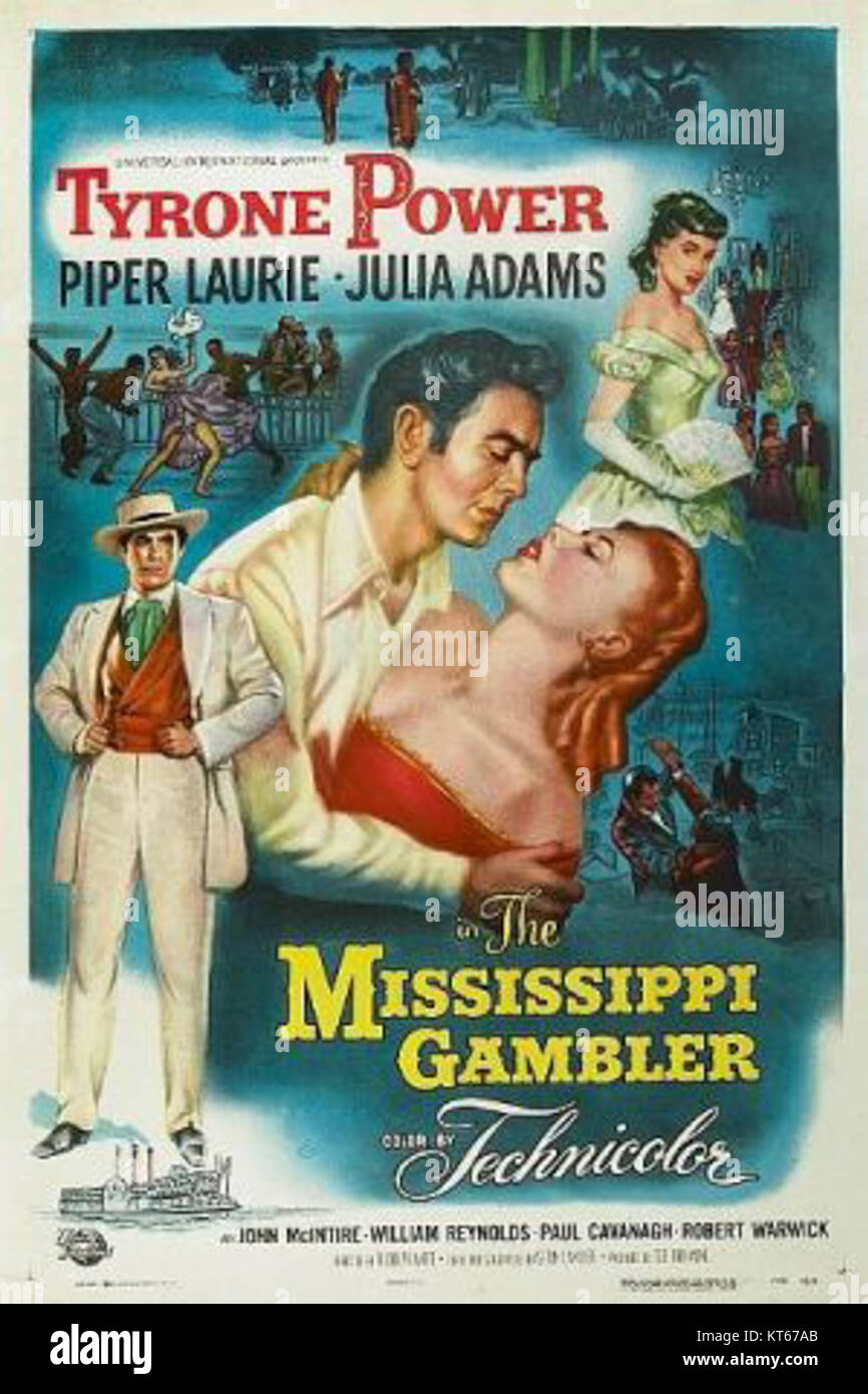 Das Poster für *The Mississippi Gambler* zeigt das Werbedesign des Films und hebt wahrscheinlich Schlüsselelemente wie die Besetzung und die Geschichte hervor. Der Film ist ein klassischer Western-Film, der entlang des Mississippi-Flusses spielt und den Abenteuergeist der Zeit widerspiegelt. Stockfoto