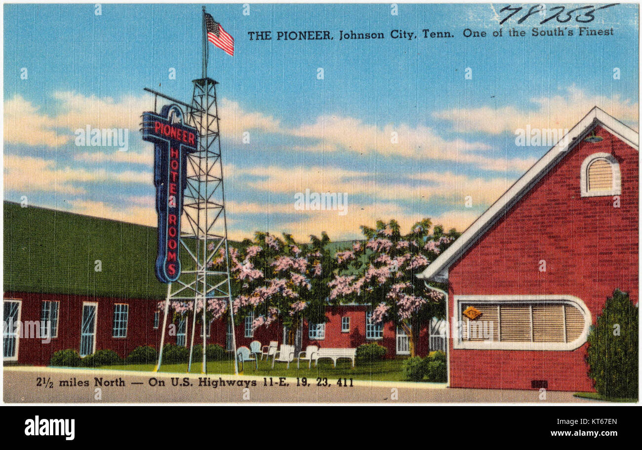 Das Pioneer in Johnson City, Tennessee, gilt als eines der besten Hotels im Süden. Das Hotel liegt nur 1/2 km nördlich der Stadt und ist über die U.S. Highways 11-E, 19, 23 und 411 zu erreichen, was es zu einer leicht erreichbaren Lage für Reisende macht. Stockfoto