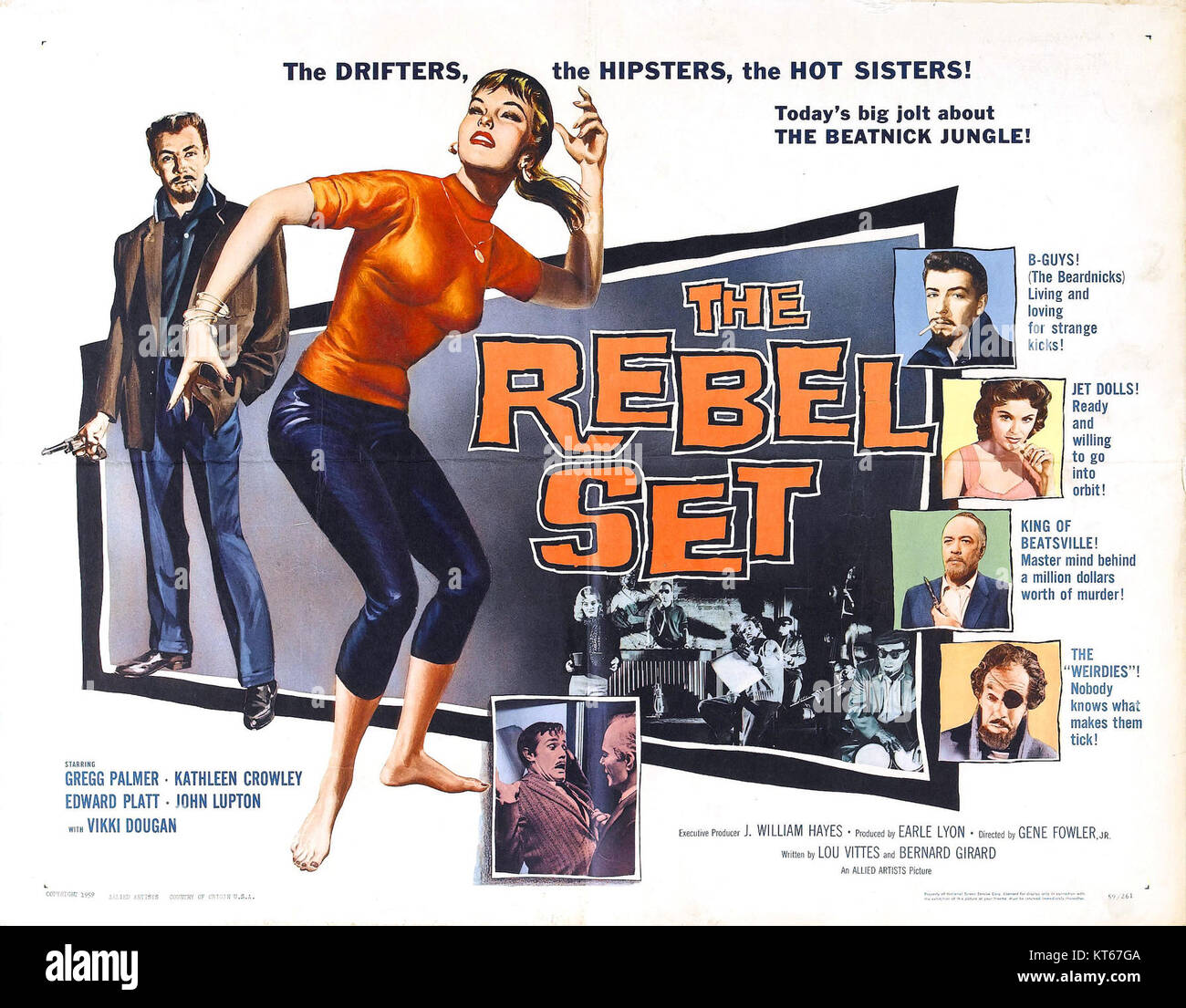 Das Plakat für The Rebel Set (1959) zeigt Werbekunst für den Film, der in den 1950er Jahren spielt Er wurde verwendet, um den Film zu vermarkten und das Publikum während seiner Veröffentlichung anzuziehen. Stockfoto