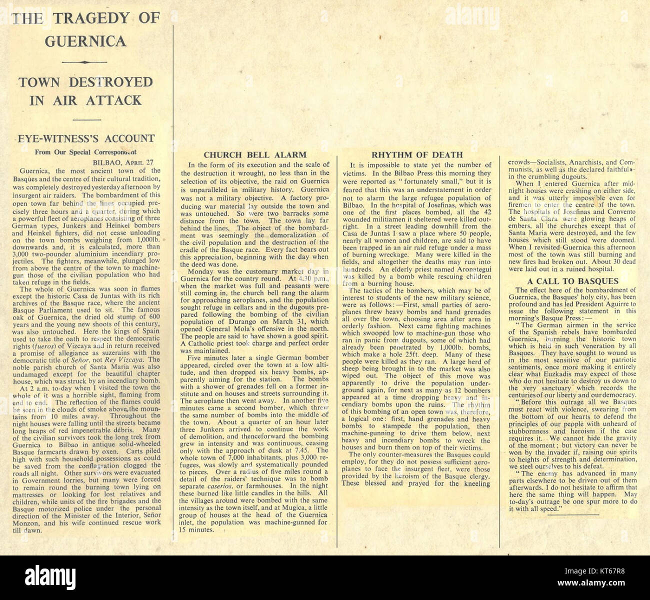 Die Tragödie von Guernica, geschrieben von George Steer, dokumentiert die verheerende Bombardierung der spanischen Stadt Guernica während des Spanischen Bürgerkriegs. Der Bericht ist nach wie vor ein kritischer historischer Bericht über die Gräueltaten im Krieg. Stockfoto