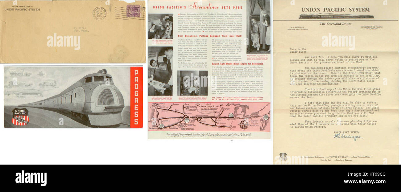Die Broschüre und das Schreiben der Union Pacific M10001 von 1935 dokumentieren die Werbemaßnahmen im Zusammenhang mit dem M10001, einem der ersten dieselbetriebenen Personenzüge in den USA. Dieses Material hebt die Innovation und den technologischen Fortschritt dieser Zeit hervor. Stockfoto