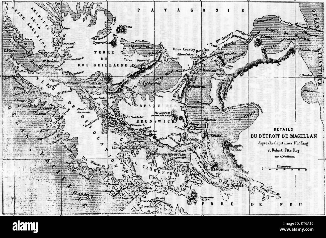 Dies ist eine abgeschnittene Illustration aus Jules Vernes „EN Magellanie“, einem Teil des Abenteuergenres in der Literatur, die Themen der Erkundung des frühen 20. Jahrhunderts zeigt. Stockfoto