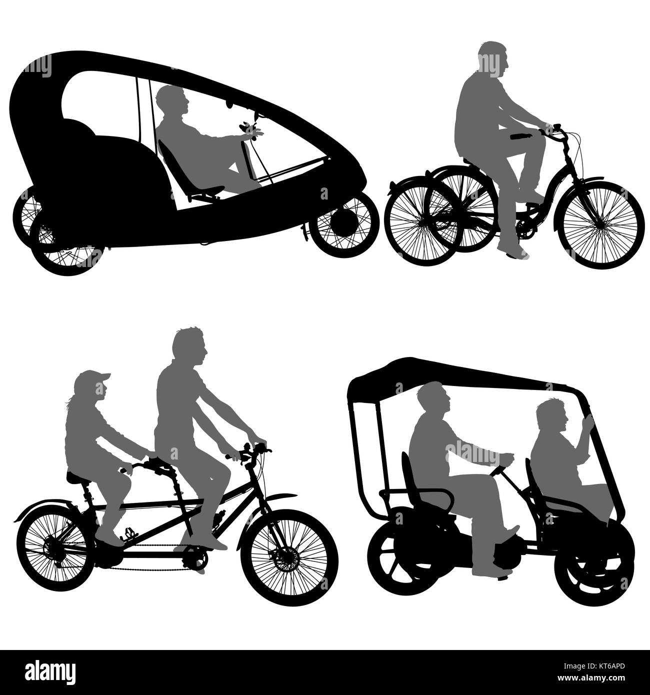 Set Silhouette von zwei Athleten auf tandem Fahrrad auf weißem Hintergrund Stockfoto