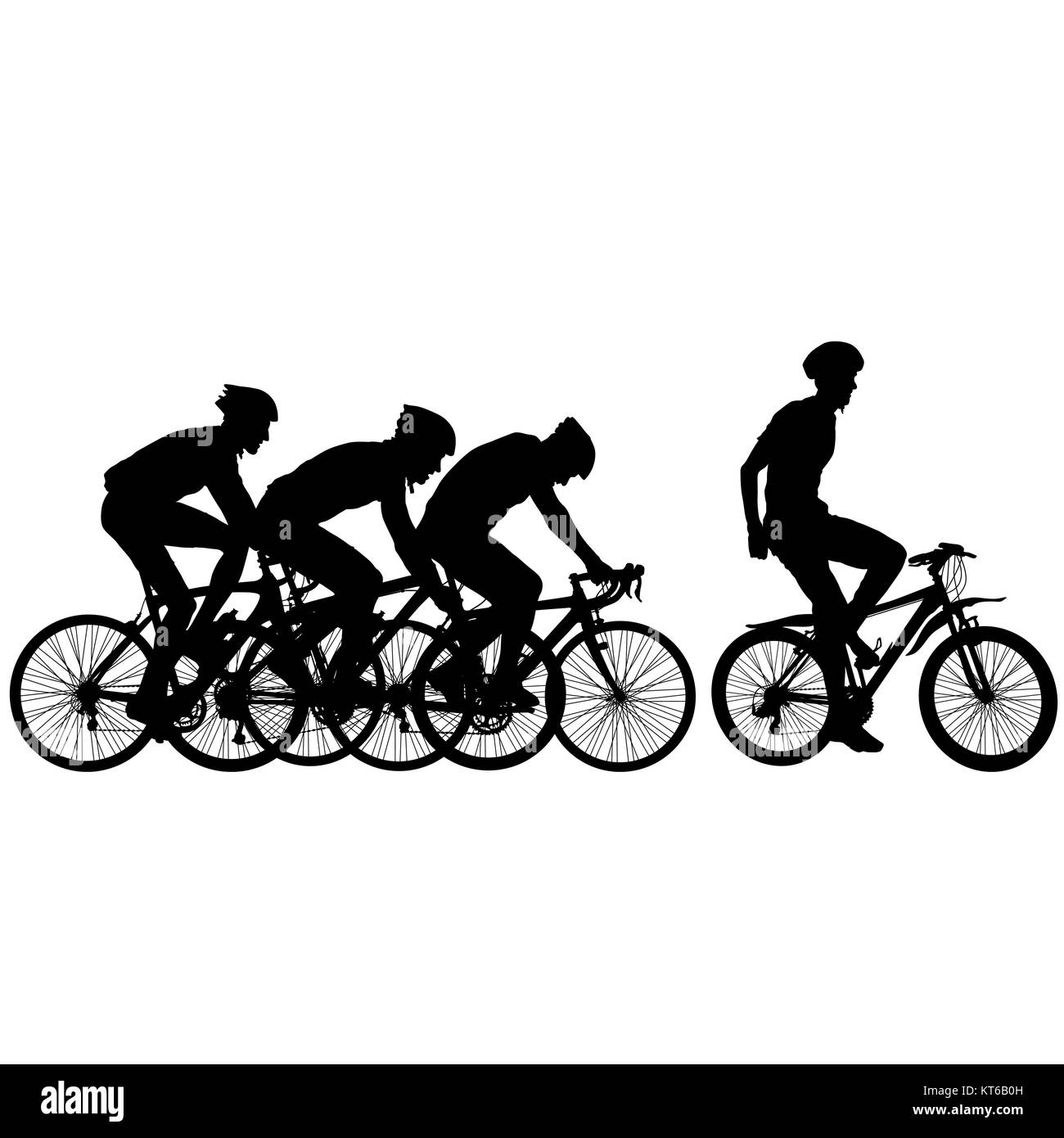 Silhouetten der Rennfahrer auf dem Fahrrad, kämpfen auf der Ziellinie Stockfoto
