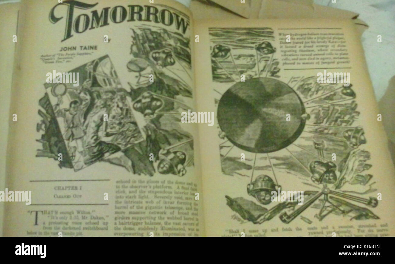 Diese Illustration, die im April-Mai 1939 für Marvel Science Stories erstellt wurde, zeigt futuristische Szenen und spiegelt den Optimismus und die Phantasie der frühen Science-Fiction in Comics wider. Stockfoto