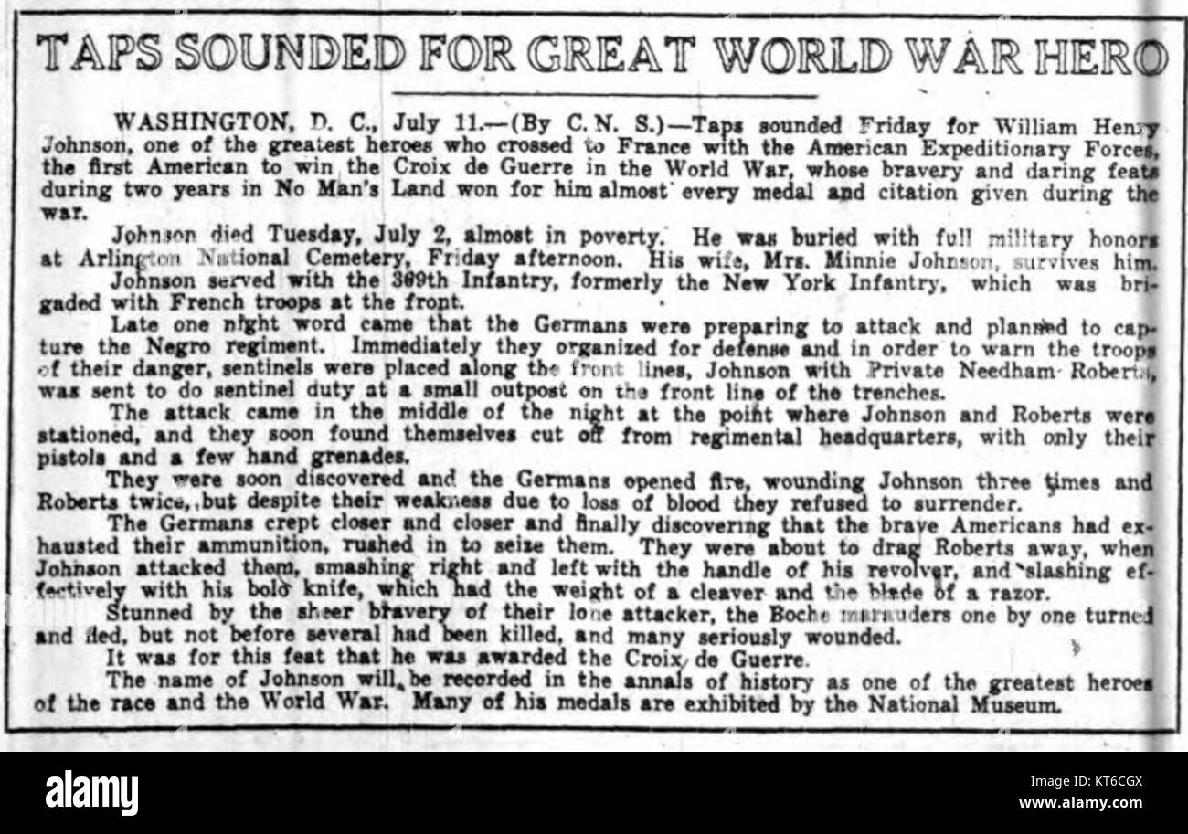 William Henry Johnson (1892–1929) war eine einflussreiche Persönlichkeit und sein Nachruf wurde im Pittsburgh Courier veröffentlicht. Seine Beiträge zu seiner Gemeinde und seinem Vermächtnis wurden im Bericht des katholischen Nachrichtendienstes hervorgehoben. Stockfoto