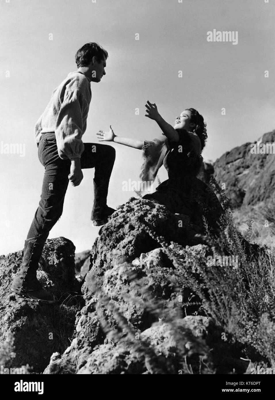 *Wuthering Heights* (1939) ist eine Verfilmung von Emily BrontÃ«Roman unter der Regie von William Wyler. Der Film erzählt die turbulente und tragische Liebesgeschichte zwischen Heathcliff und Catherine in den Yorkshire Moors. Stockfoto