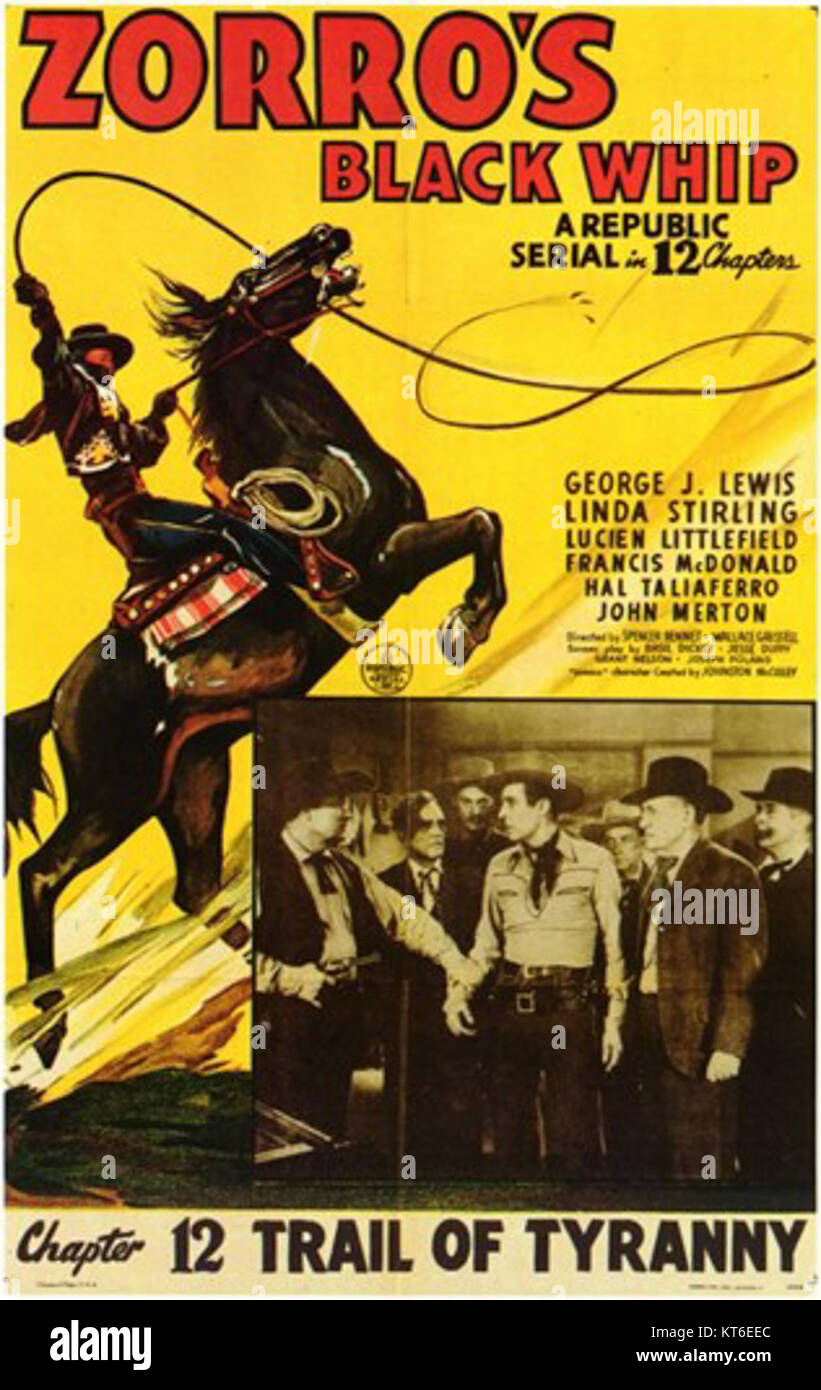 Zorro's Black Whip ist eine klassische Abenteuerserie, die für ihre actiongeladenen Geschichten bekannt ist, in denen der maskierte Held mit seiner unverkennbaren Waffe, der Peitsche, Unrecht bekämpft. Stockfoto