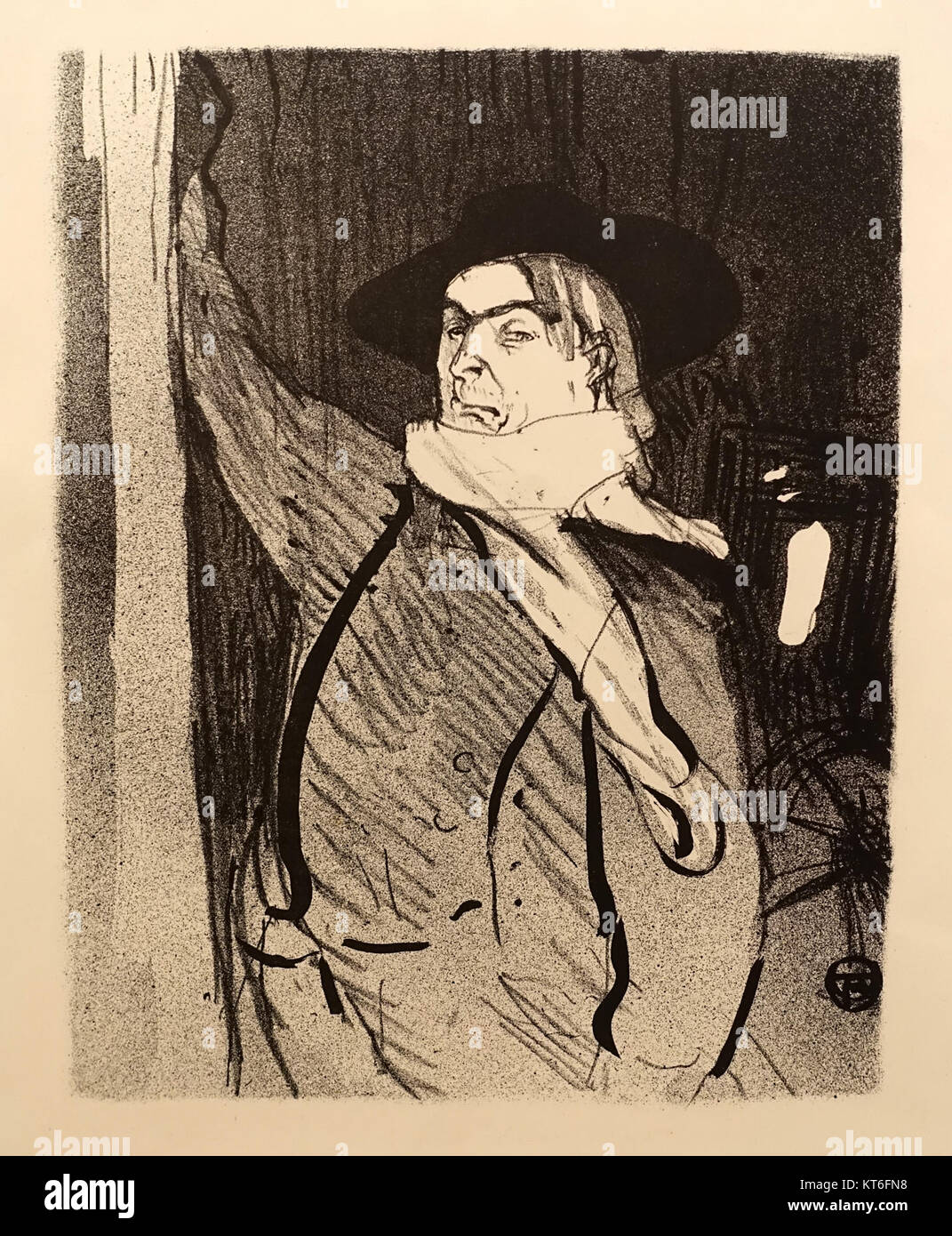 Eine Lithografie von Henri de Toulouse-Lautrec mit dem Titel „Aristide Bruant“, die die Verwendung von Pinsel-, Buntstift- und Spritzertechniken zeigt. Das Kunstwerk ist Teil der regulären Ausgabe, die im Montreal Museum of Fine Arts untergebracht ist. Stockfoto