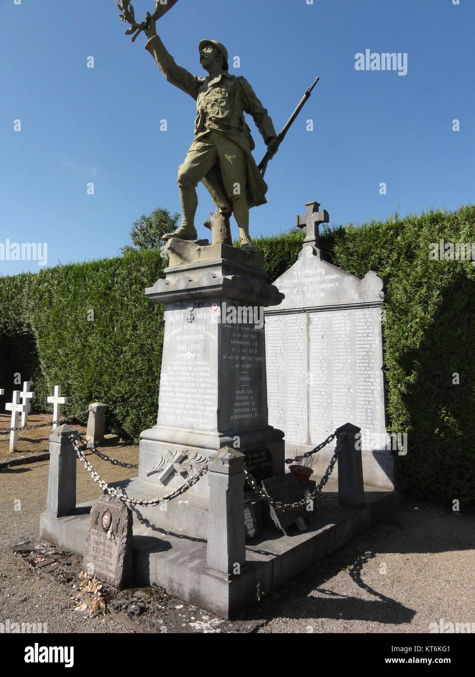 Das Monument aux morts in Arrancy-sur-Crusne in Maas ehrt die gefallenen Soldaten vergangener Konflikte. Es ist ein Ort des Gedenkens für diejenigen, die in Kriegszeiten im Militär gedient haben. Stockfoto