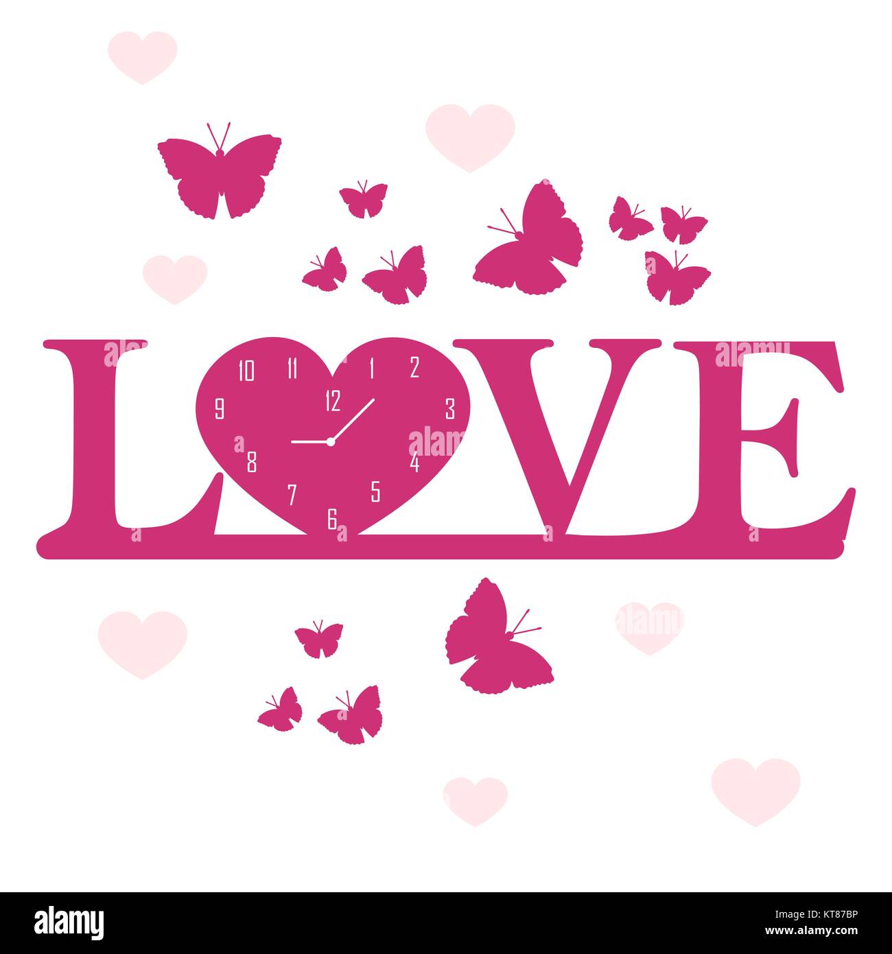 Uhr in der Form des Herzens und der Aufschrift Liebe und Herzen, Schmetterlinge. Design für Banner, Poster oder Drucken. Grusskarte Valentinstag. Stock Vektor