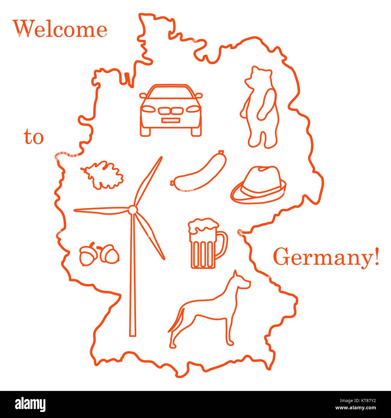 Vector Illustration mit verschiedenen Symbolen in Deutschland. Reisen und Freizeit. Design für Banner, Poster oder Drucken. Stock Vektor