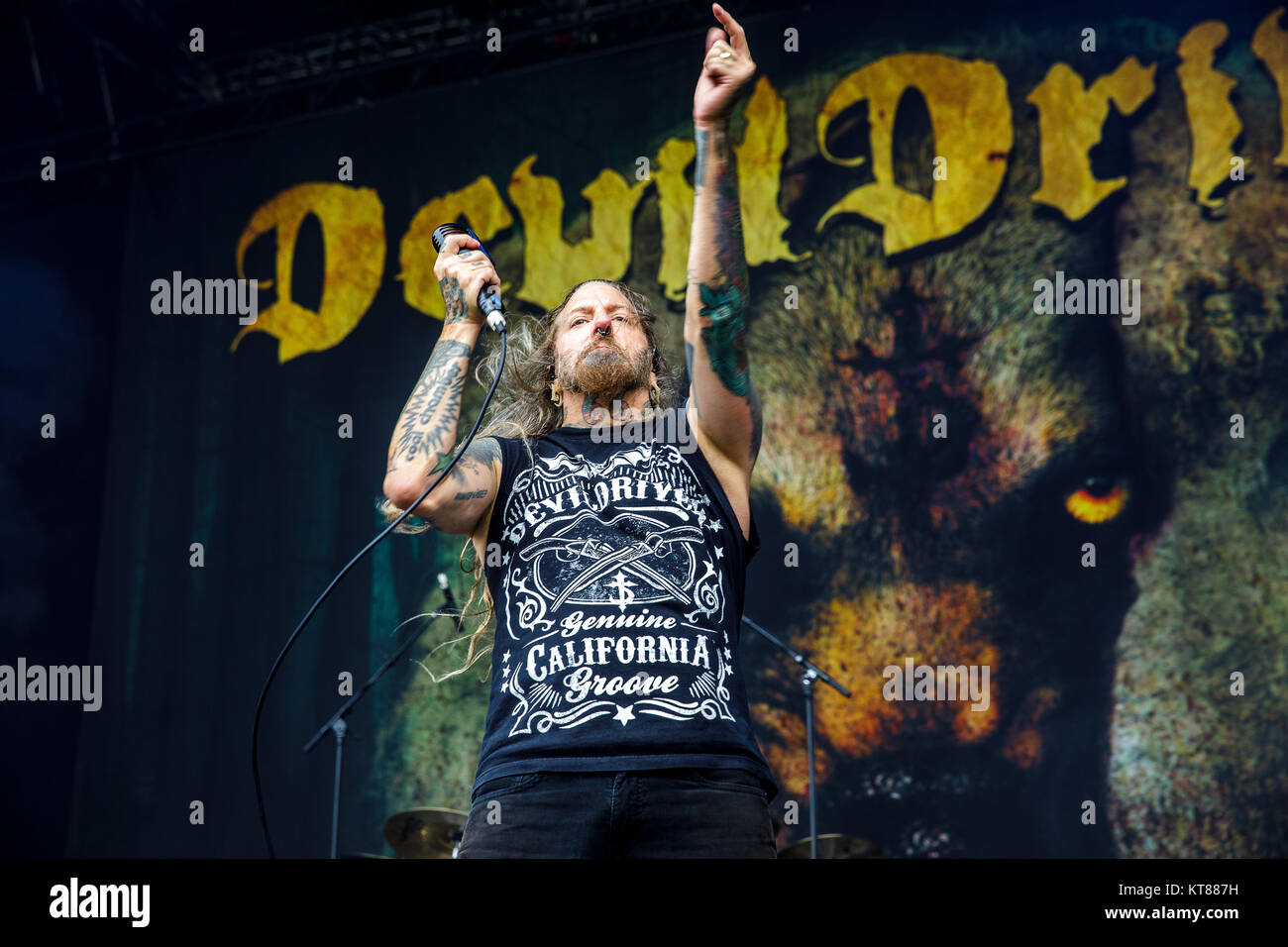 Die amerikanische heavy metal band DevilDriver führt eine live während der dänischen Heavy Metal Music festival Copehell 2017 in Kopenhagen. Hier Sänger Dez Fafara ist live auf der Bühne gesehen. Dänemark, 22.06.2017. Stockfoto