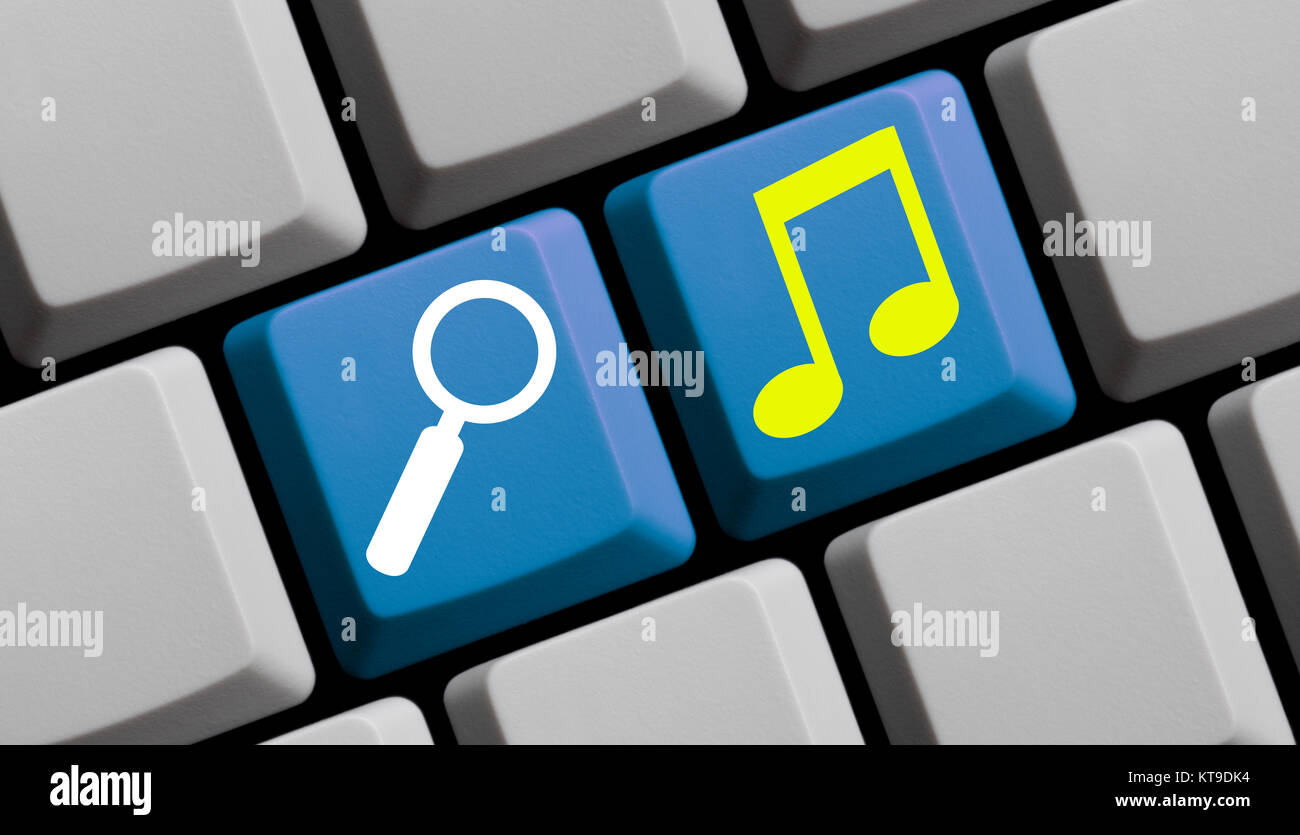 Blaue Tastatur mit Mauspfeil zeigt Suchen / Musik online Stockfoto