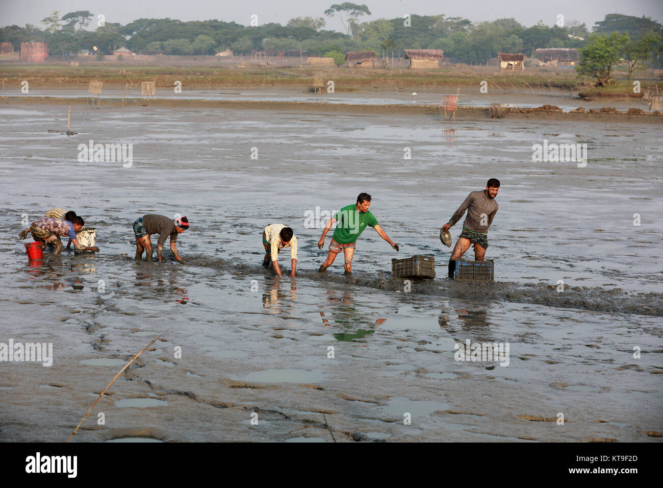 KHULNA, BANGLADESH - Dezember 15, 2017: Die Menschen, die in das Versiegen Flüsse, Kanäle und Gewässer während der Wintersaison ist ein gemeinsames Merkmal i Stockfoto