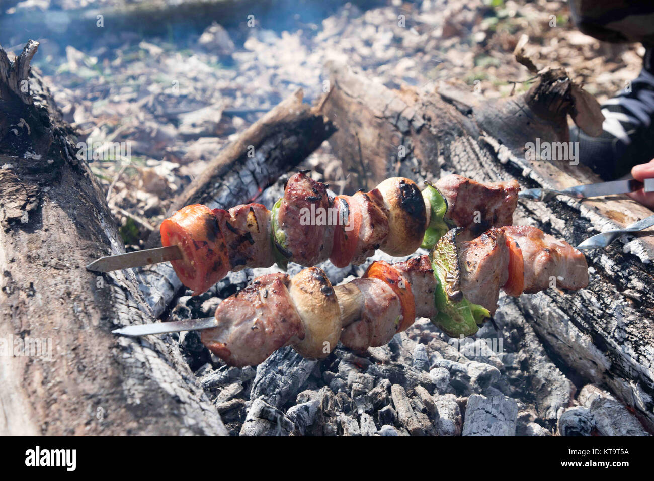Saftige Scheiben von Fleisch mit Soße vorbereiten auf Feuer Stockfoto