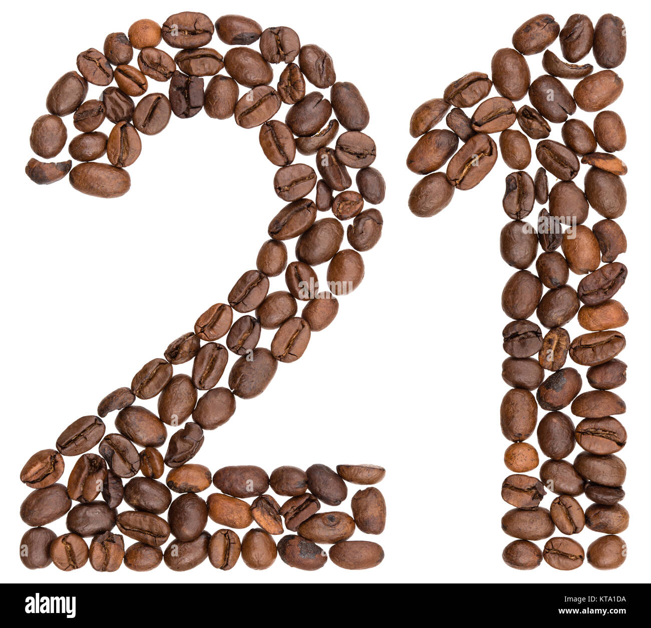 Arabische Zahlen 21, 21, vom Kaffee Bohnen, auf weißem Hintergrund Stockfoto
