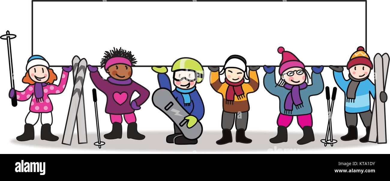 Skischule für Kinder. Kinder im Winter Kleidung holding Plakat mit kopieren. Bunt süß Abbildung Stock Vektor