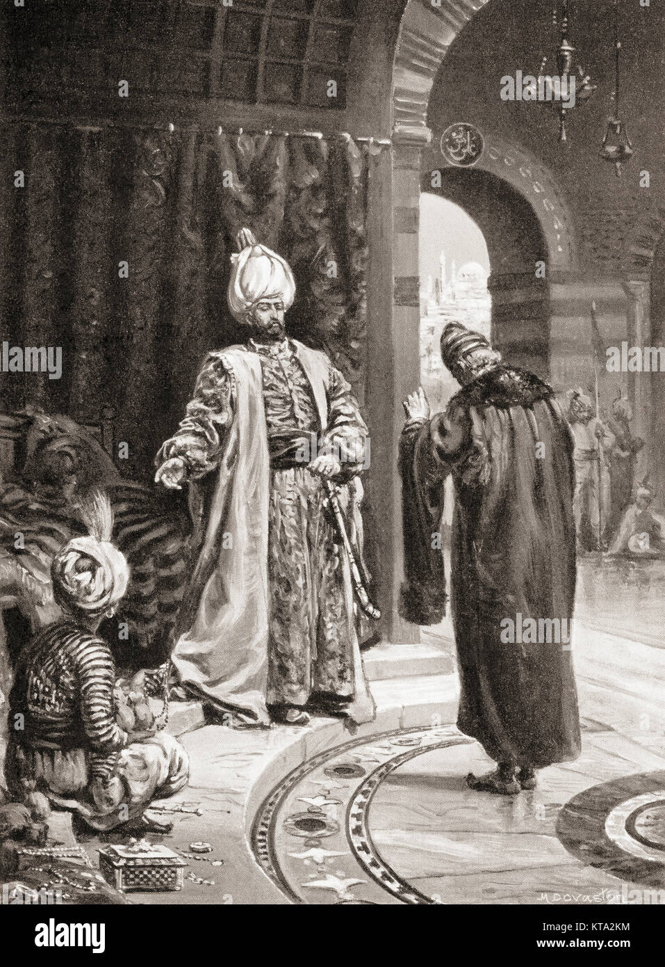 Joseph Nasi liefert Geschenke zu Selim II. Dom Joseph Nasi oder Nassi, alias João Miques/Glimmer, Dom João Migas Mendes, Giuseppe Nasi und Yasef Nassi, 1524 - 1579. Portuguese-Jewish Diplomat und Administrator, Mitglied des Hauses der Mendes/Benveniste und eine einflussreiche Abbildung im Osmanischen Reich während der Vorschriften der Sultan Süleyman I. und seinen Sohn Selim II. Er war ein großer Wohltäter des Jüdischen Volkes. Nach dem Gemälde von Margaret Dovaston (1884-1954). Von Hutchinson's Geschichte der Nationen, veröffentlicht 1915. Stockfoto