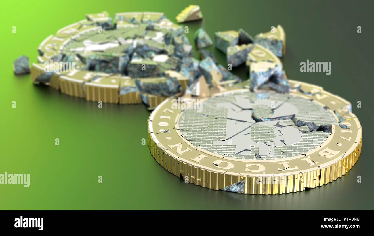 Konzeptionelle Kunstwerke, die das Platzen der bitcoin cryptocurrency Blase. Bitcoin ist eine Art von digitalen Währung, im Jahr 2009 gegründet, die unabhängig von jeder Bank tätig ist. Bestimmte Anbieter jetzt Bitcoins akzeptieren zur Bezahlung von Waren oder Dienstleistungen. Die Münzen werden gezeigt, wie fragmentiert, dass ein Absturz im Markt der Wert der Währung. Stockfoto