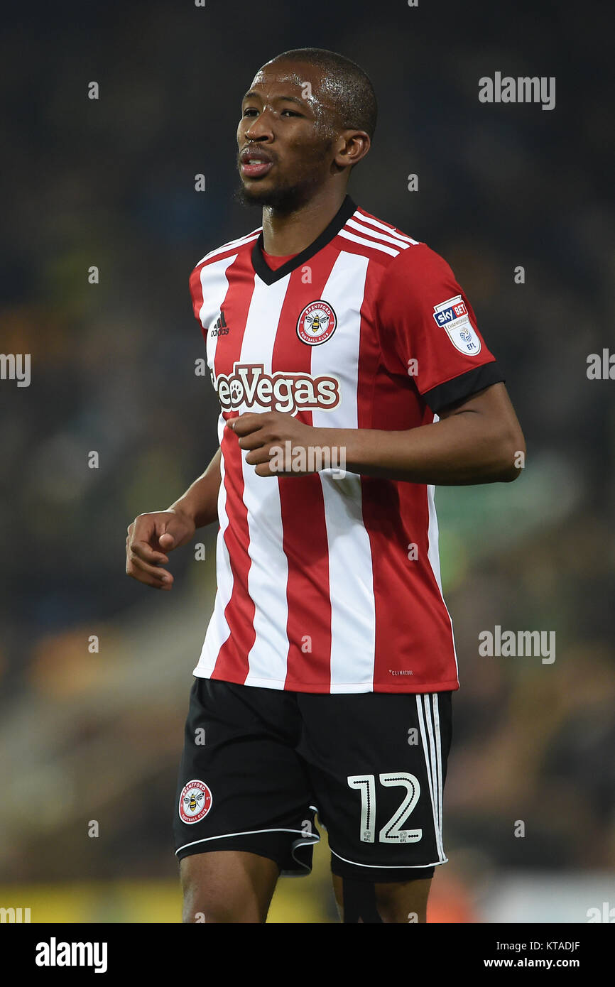 Brentfords Kamohelo Mokotjo während des Sky Bet Championship-Spiels in der Carrow Road, Norwich. DRÜCKEN SIE VERBANDSFOTO. Bilddatum: Freitag, 22. Dezember 2017. Siehe PA Geschichte FUSSBALL Norwich. Bildnachweis sollte lauten: Joe Giddens/PA Wire. EINSCHRÄNKUNGEN: Keine Verwendung mit nicht autorisierten Audio-, Video-, Daten-, Fixture-Listen, Club-/Liga-Logos oder „Live“-Diensten. Online-in-Match-Nutzung auf 75 Bilder beschränkt, keine Videoemulation. Keine Verwendung in Wetten, Spielen oder Veröffentlichungen für einzelne Vereine/Vereine/Vereine/Spieler. Stockfoto