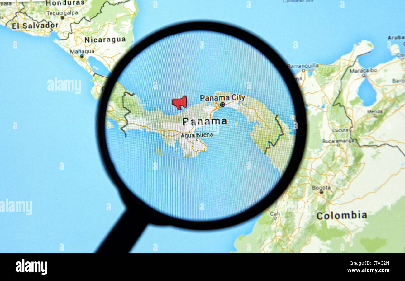 MONTREAL, KANADA - 7. APRIL 2016: Panama auf einer Karte mit Mundstück Symbol unter der Lupe. Panama ist ein bekanntes Land für seine jüngsten docum Stockfoto