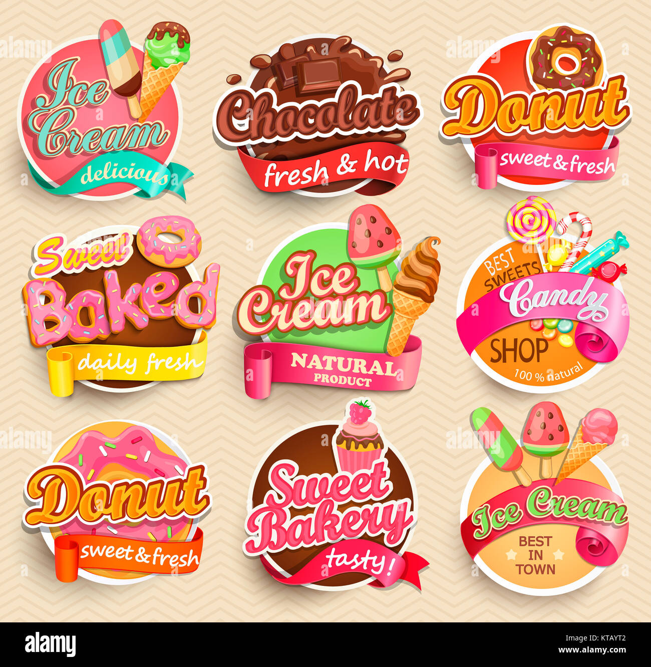 Satz von Etiketten von süßen Lebensmitteln. Stockfoto