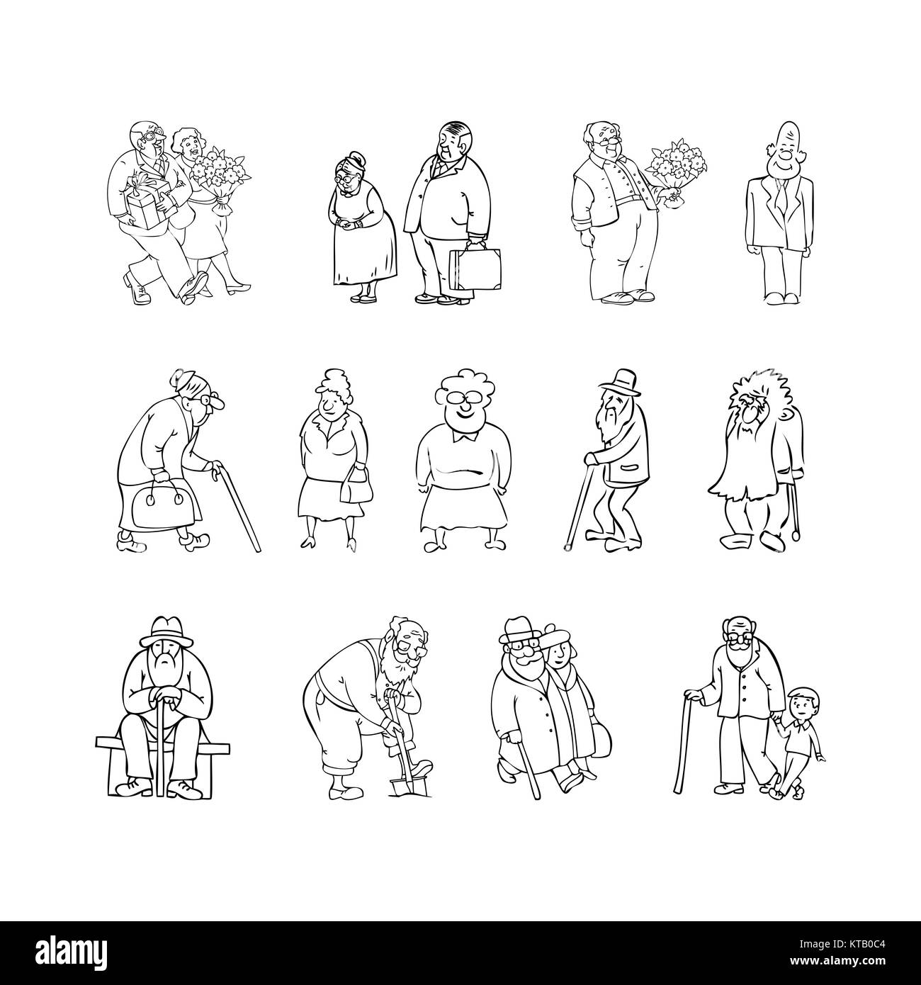 Alter Leute Set schwarz, weiß Vector Illustration. Szene mit älteren Menschen - zurückgezogen, Erholung, Garten, wandern ältere Paare, Großvater und Enkel, Paar mit Blumenstrauß, Geschenk, ältere Menschen sitzen Stockfoto
