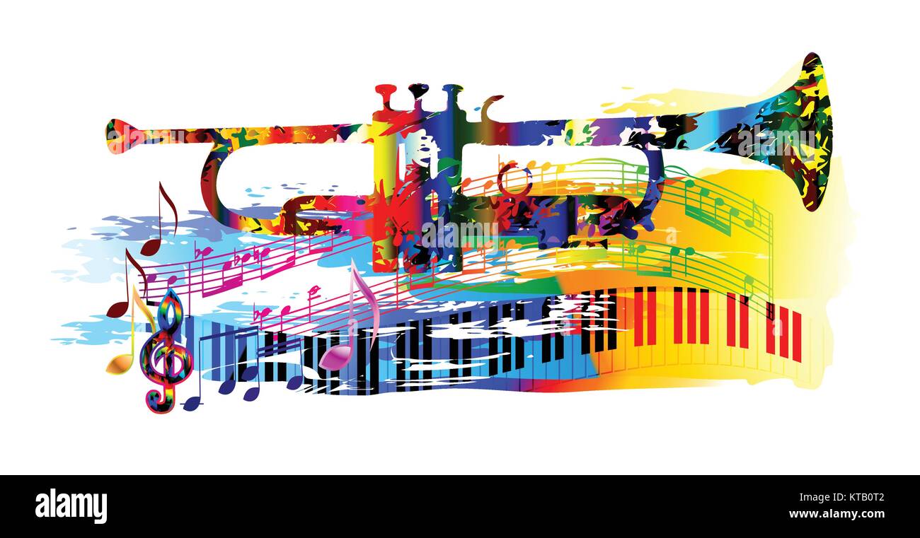 Bunte Musik Hintergrund mit Trompete, Klavier und musikalische Anmerkungen Stock Vektor