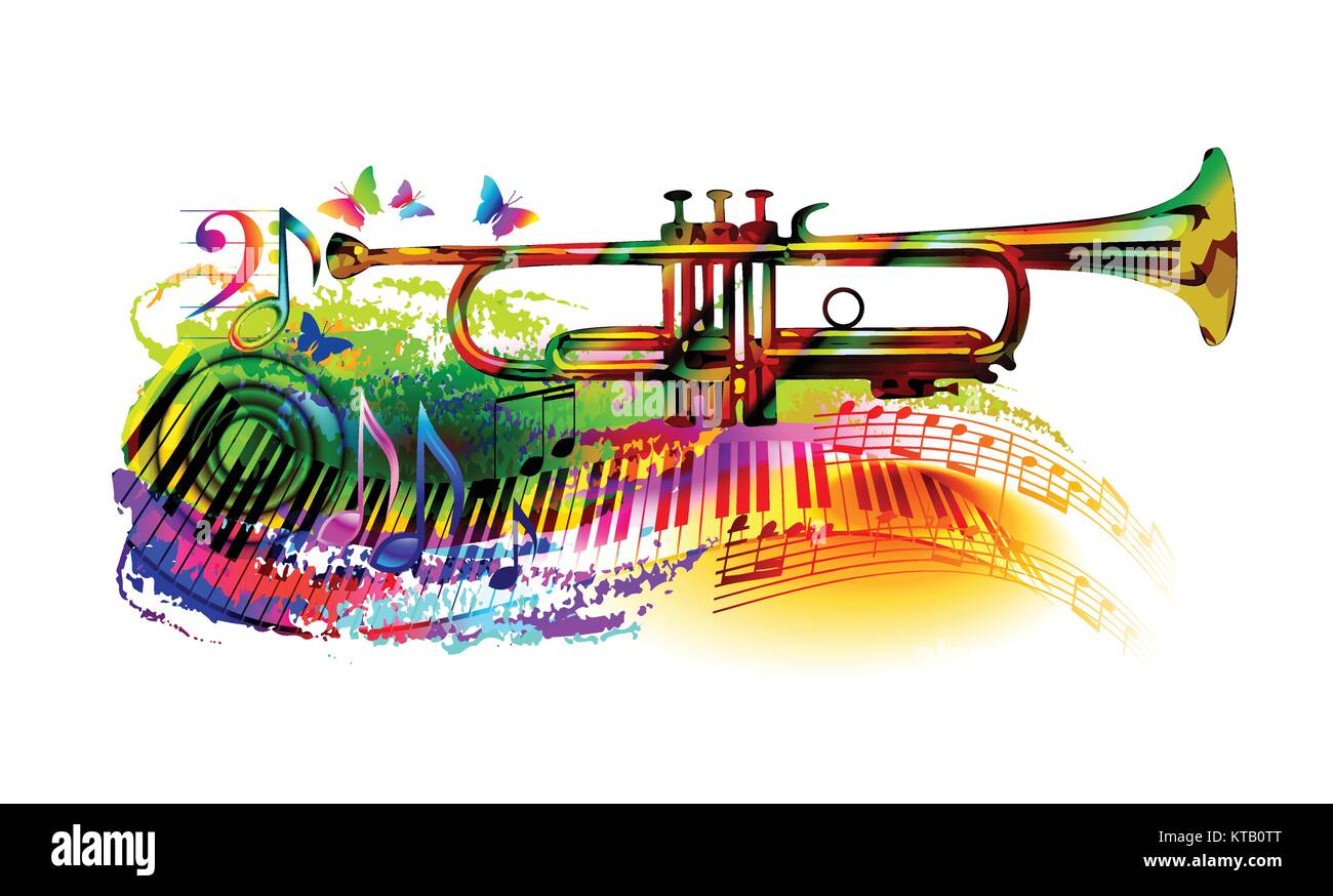 Bunte Musik Hintergrund mit Trompete, Piano, Keyboard, Noten und Schmetterling Stock Vektor