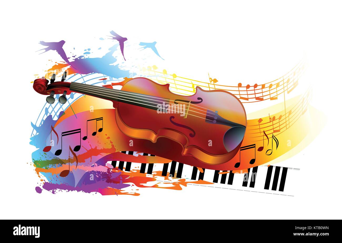 Bunte Musik Hintergrund mit Violine, Klavier, Noten und Vögel. Vector Illustration. Stock Vektor