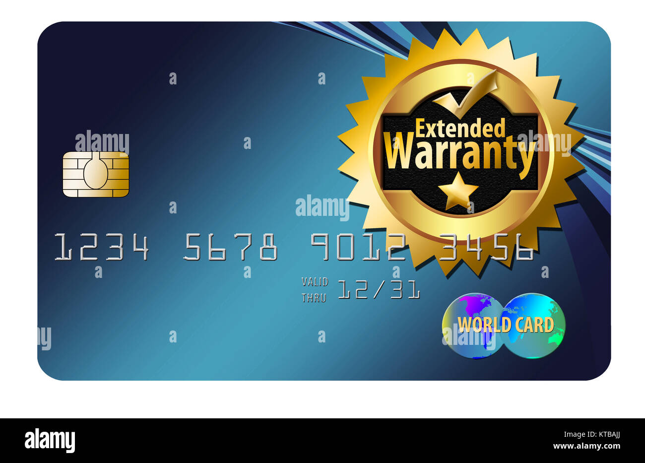 Ein Emblem für die Garantieverlängerung ist mit einer Kreditkarte in einer Abbildung zu sehen, in der es darum geht, beim Kauf mit einer Karte zusätzlichen Schutz zu erhalten. Stockfoto