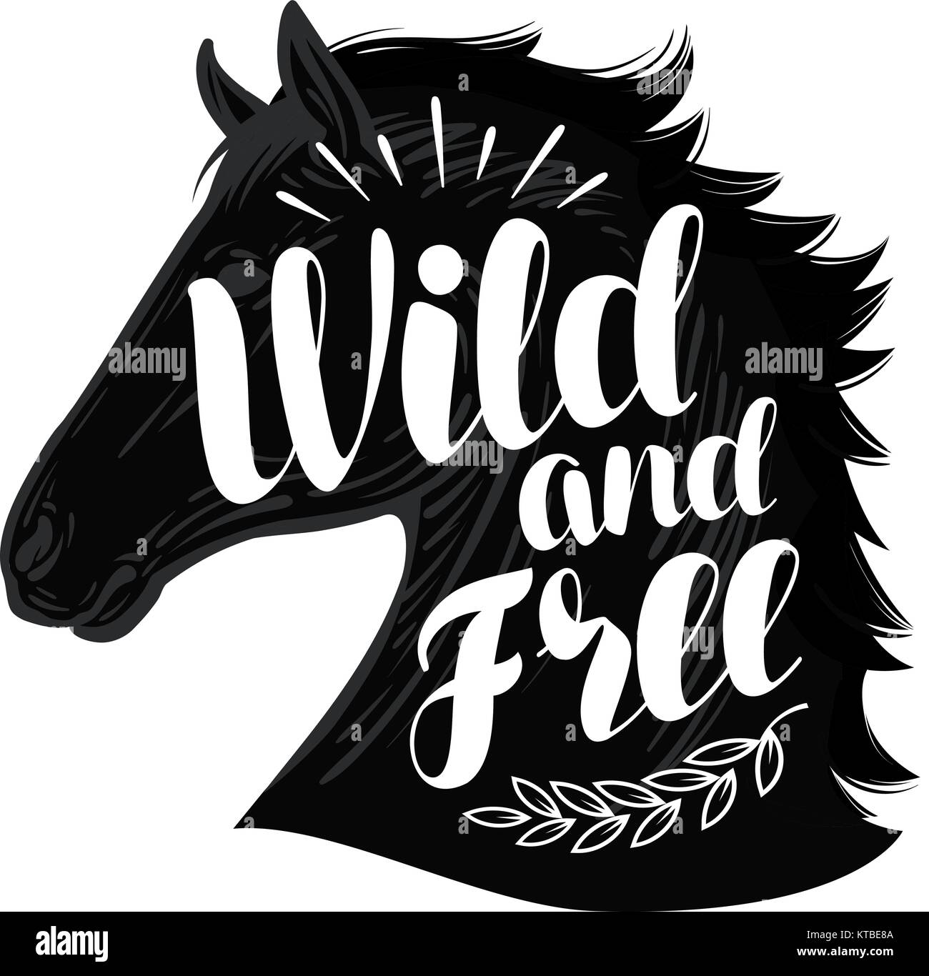 Pferd. Wild und frei, Schriftzug. Typografische Gestaltung Vector Illustration Stock Vektor