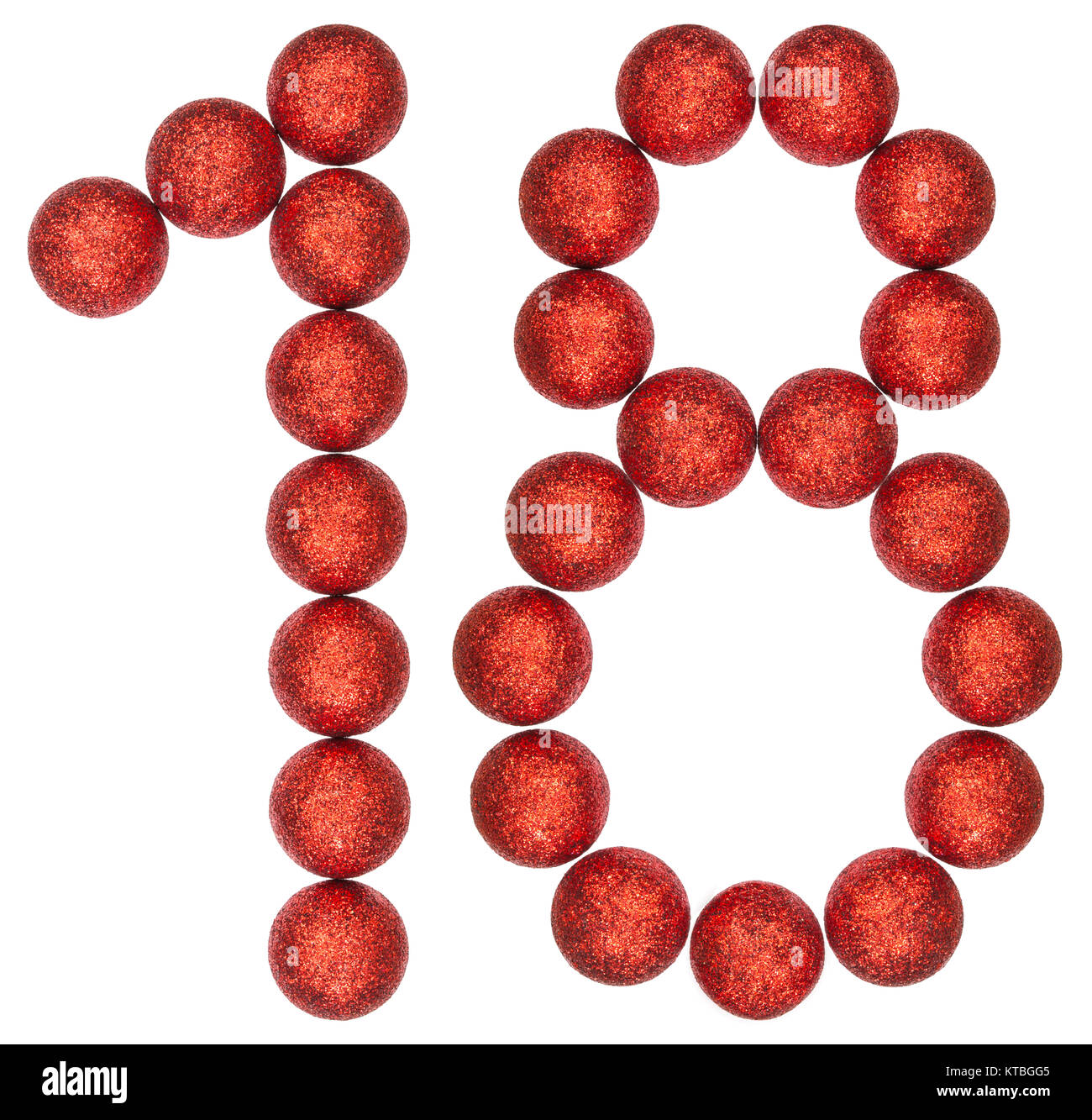 18, 18 Ziffern, von dekorativen Kugeln, auf weißem Hintergrund