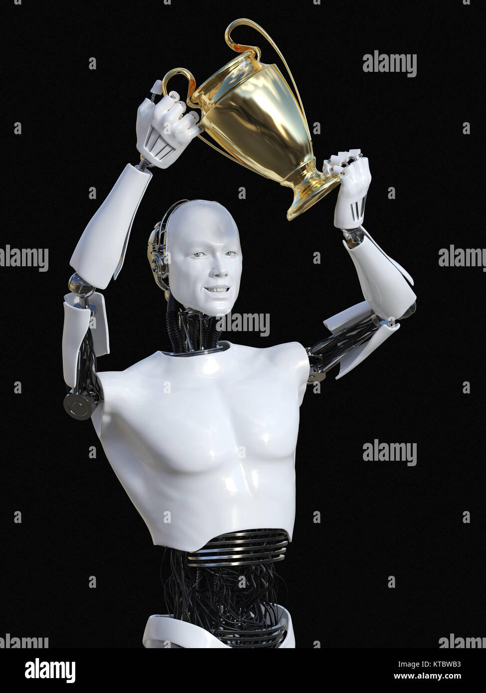 3D-Rendering der männlichen Roboter holding Trophy Award. Stockfoto