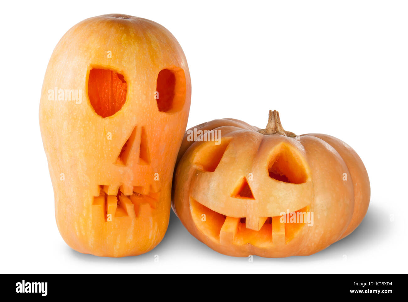 Zwei Jack O'Lantern Halloween Kürbisse Stockfoto