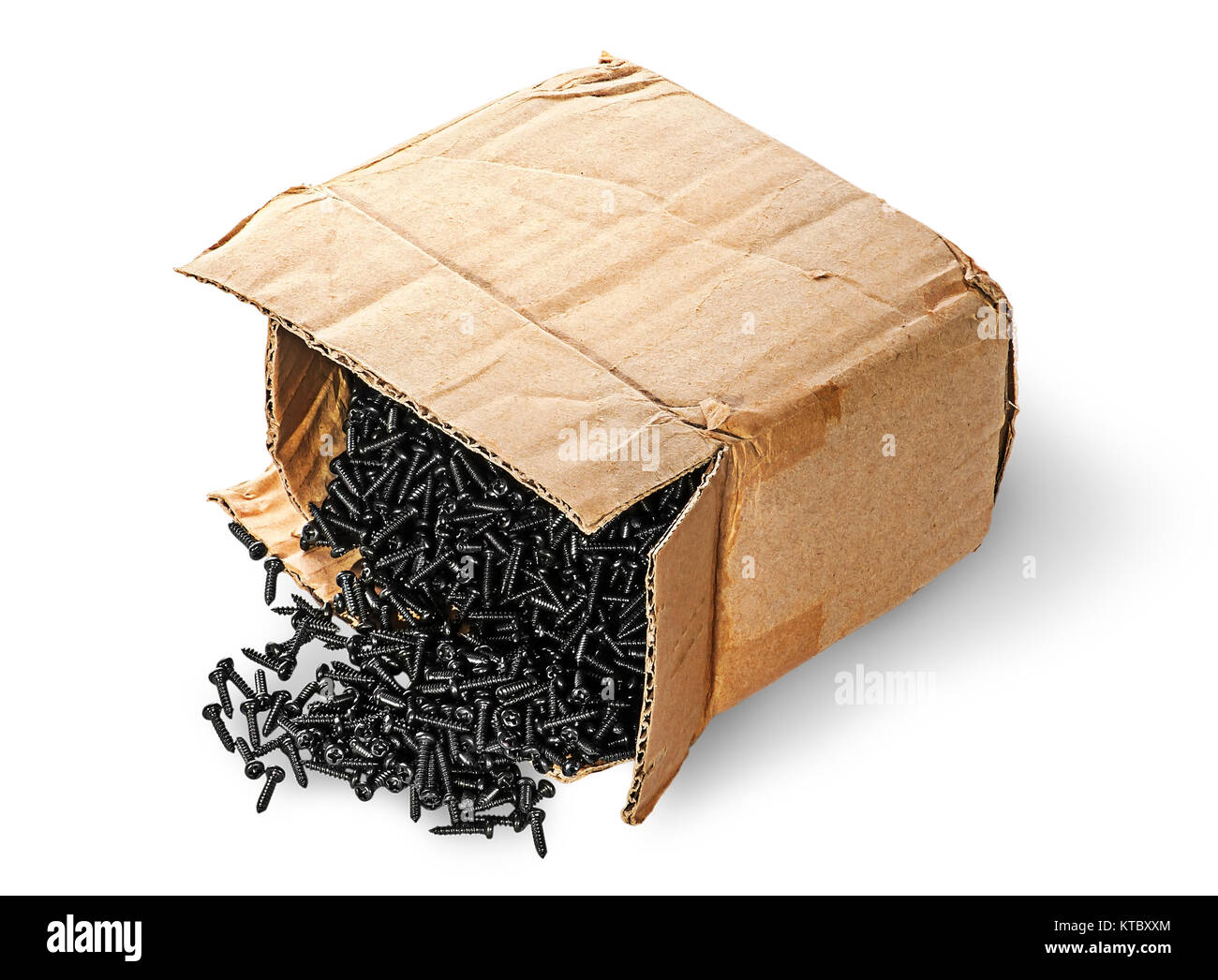 Schrauben fallen aus alten Karton Top View Stockfoto