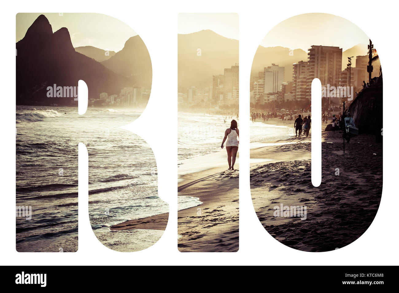 Wort RIO. Blick auf den Strand von Ipanema am Abend, Brasilien Stockfoto