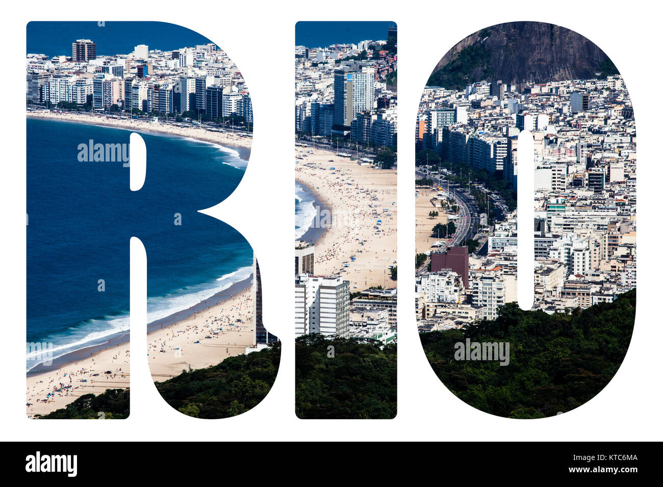 Wort RIO. Strand von Copacabana in Rio de Janeiro, Brasilien Stockfoto