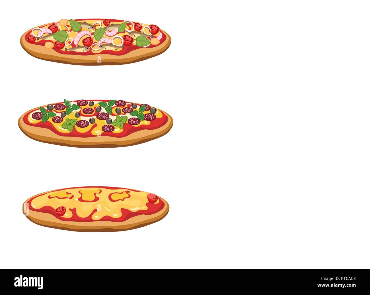 Pizza Vektor. Cartoon Pizza mit Käse und Tomaten wie Margherita und Peperoni, mexikanische und italienische Supreme auf weißem Hintergrund Stock Vektor