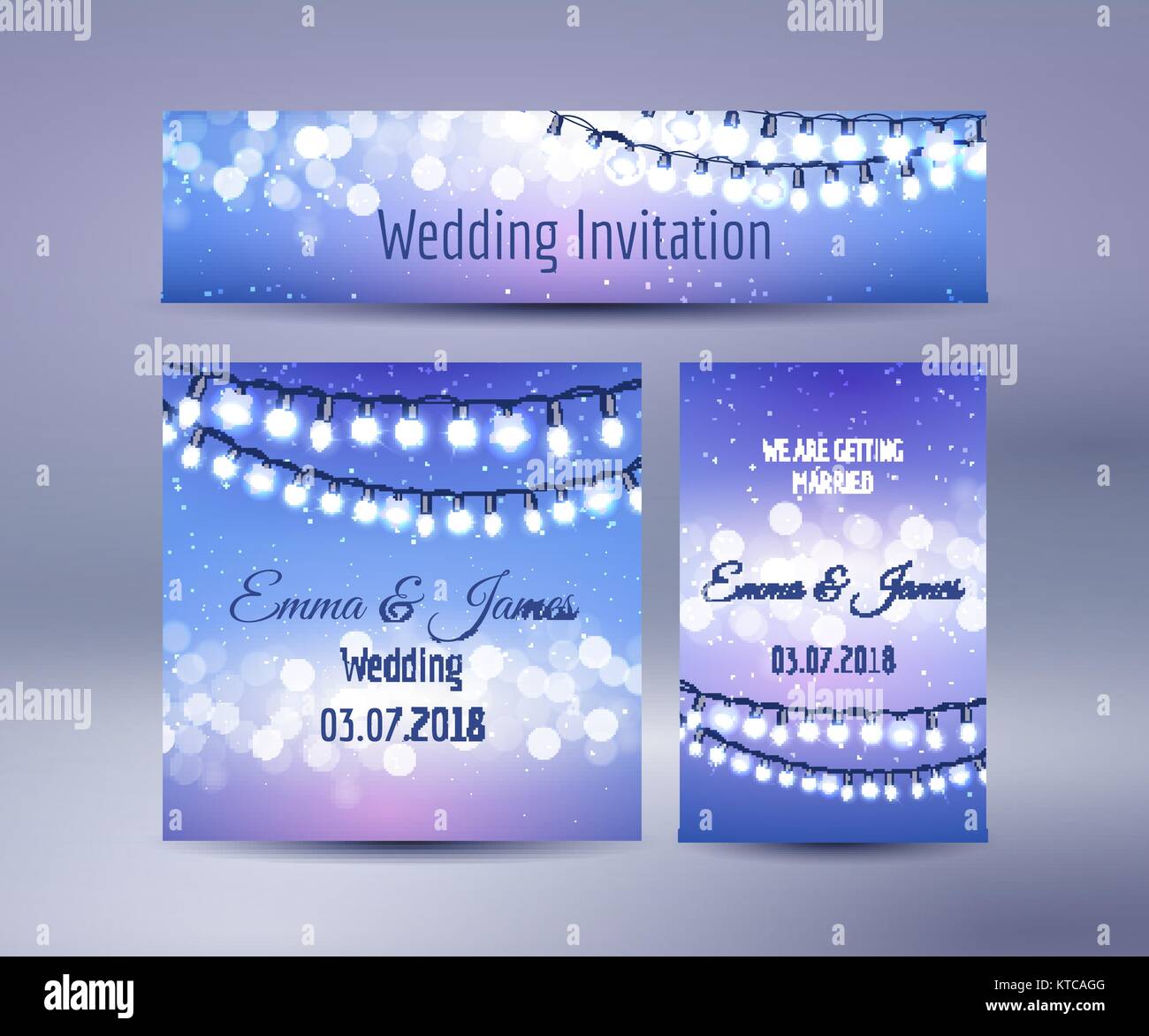 Lichter bokeh und Girlanden Hochzeit Karten Stock Vektor